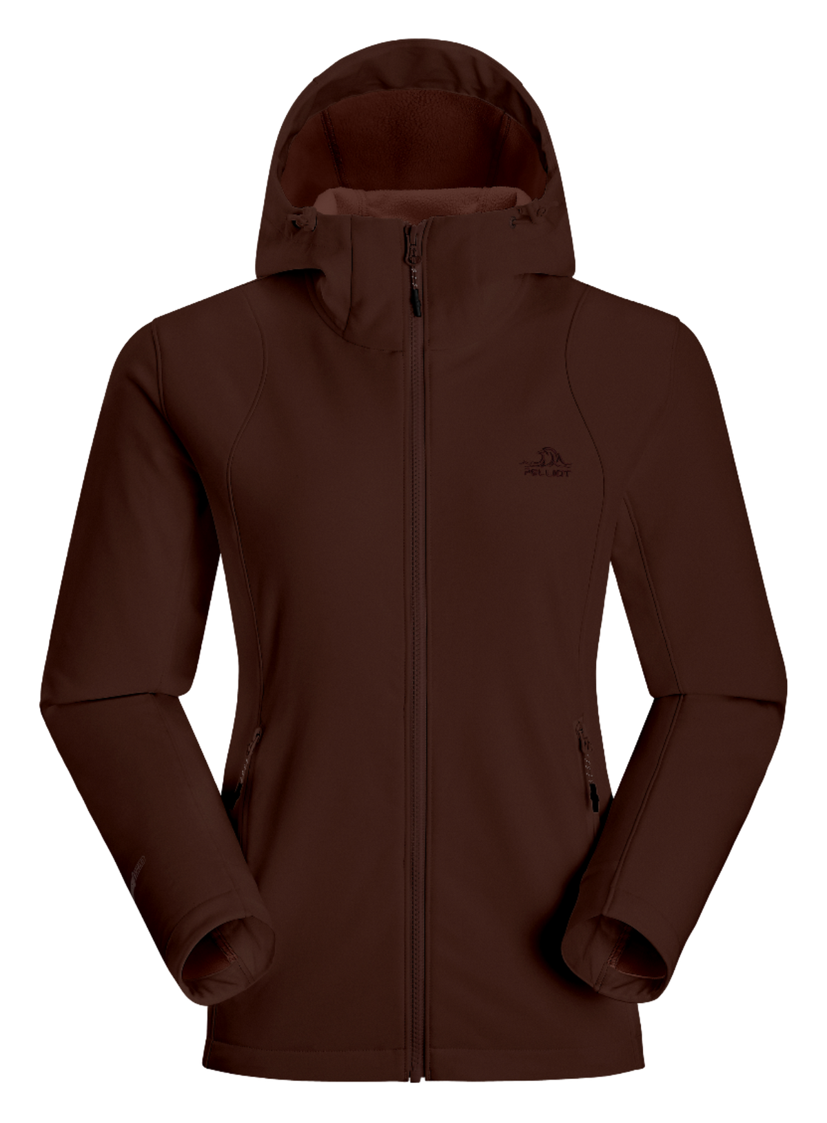 Women’s bordeaux red soft shell jacket with full-zip hood and long sleeves, front pockets