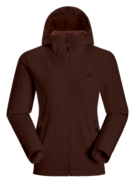 Women’s bordeaux red soft shell jacket with full-zip hood and long sleeves, front pockets