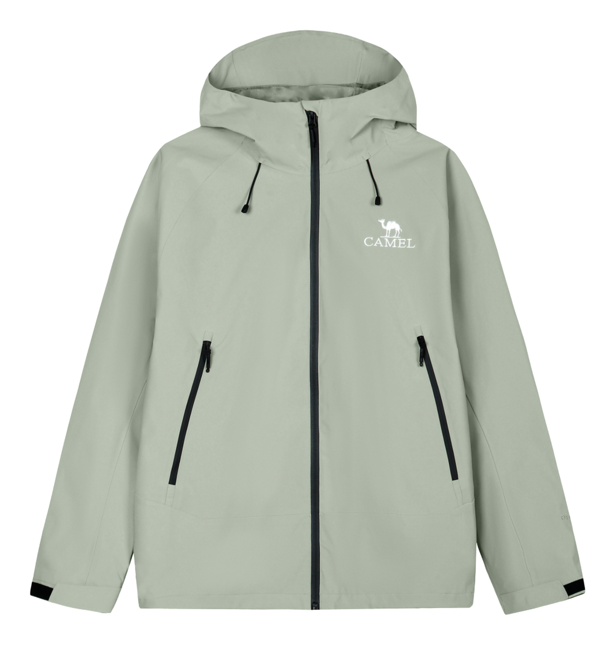 Light gray unisex windbreaker jacket with hood, full zip, and two zippered front pockets
