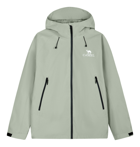Light gray unisex windbreaker jacket with hood, full zip, and two zippered front pockets