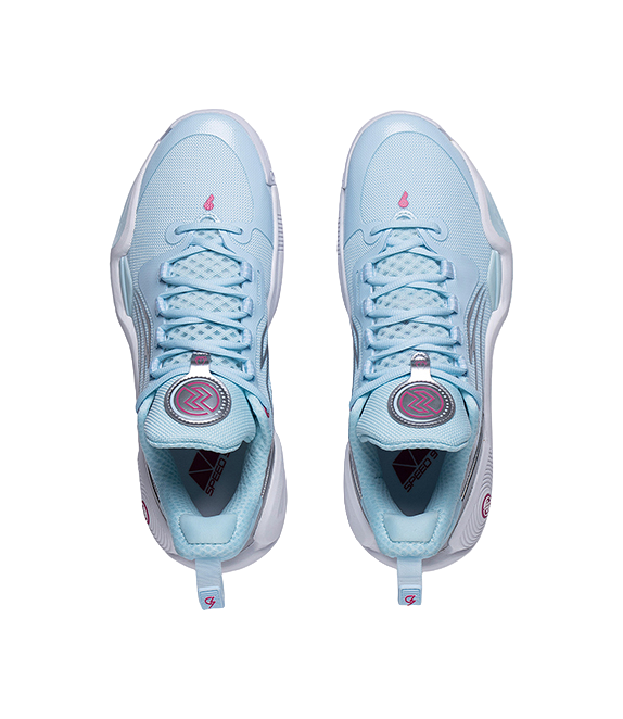 Pair of blue basketball shoes showing laces and interior lining detail
