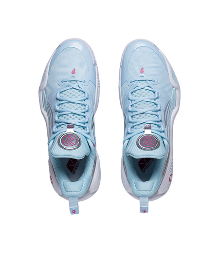 Pair of blue basketball shoes showing laces and interior lining detail