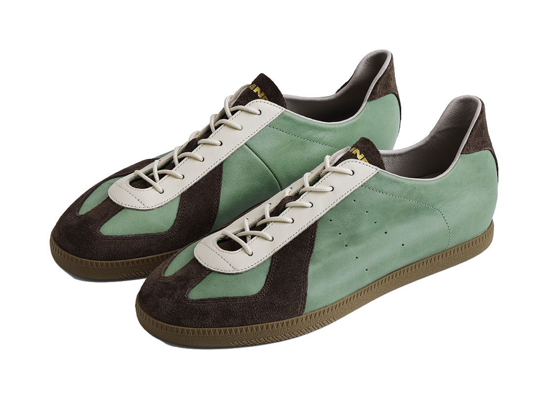 Pair of mint and brown lace-up training shoes with contrast toe and sole