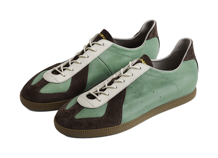 Pair of mint and brown lace-up training shoes with contrast toe and sole
