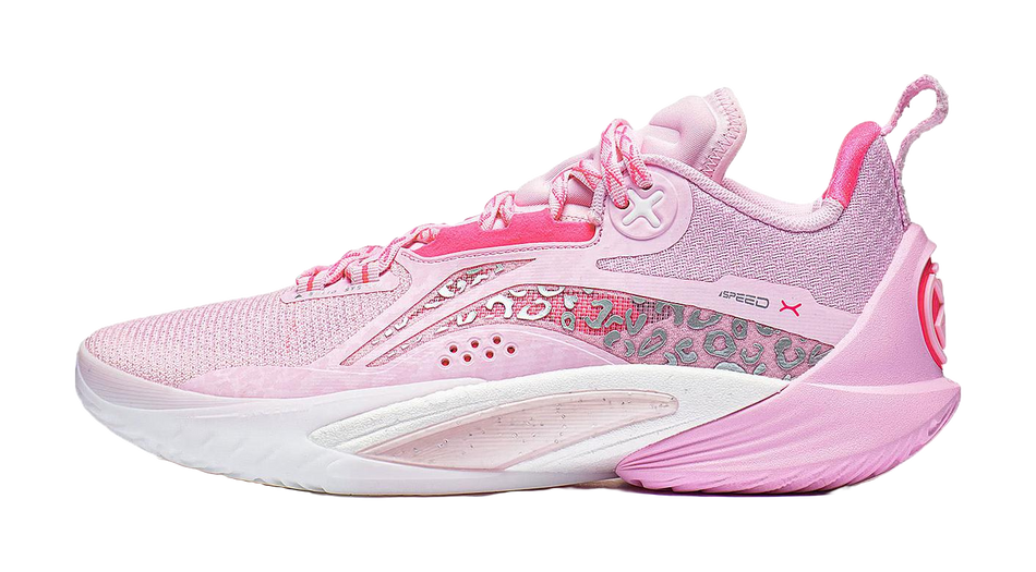 Pink and white unisex basketball shoe with lace-up front and mesh upper