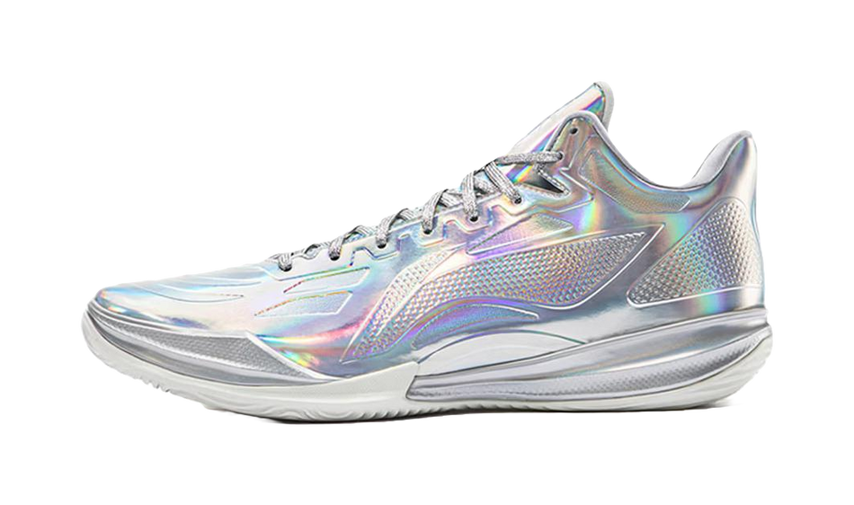 Silver iridescent basketball shoe with lace-up closure and angular forefoot design