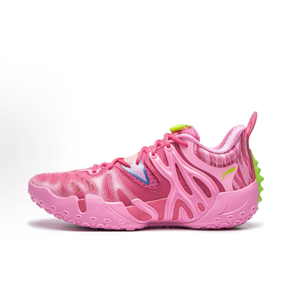 Unisex pink basketball shoe with blue accent and lime-green details, rugged outsole
