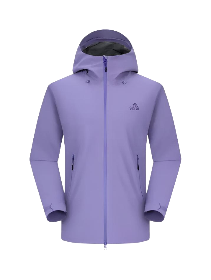 Unisex rock shell hard shell windbreaker jacket with attached hood, zip front, purple.