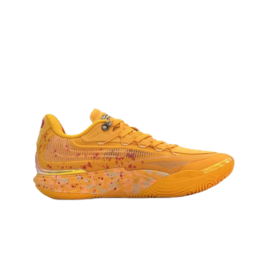 Unisex low-top basketball sneaker in yellow with speckled translucent midsole and lace-up