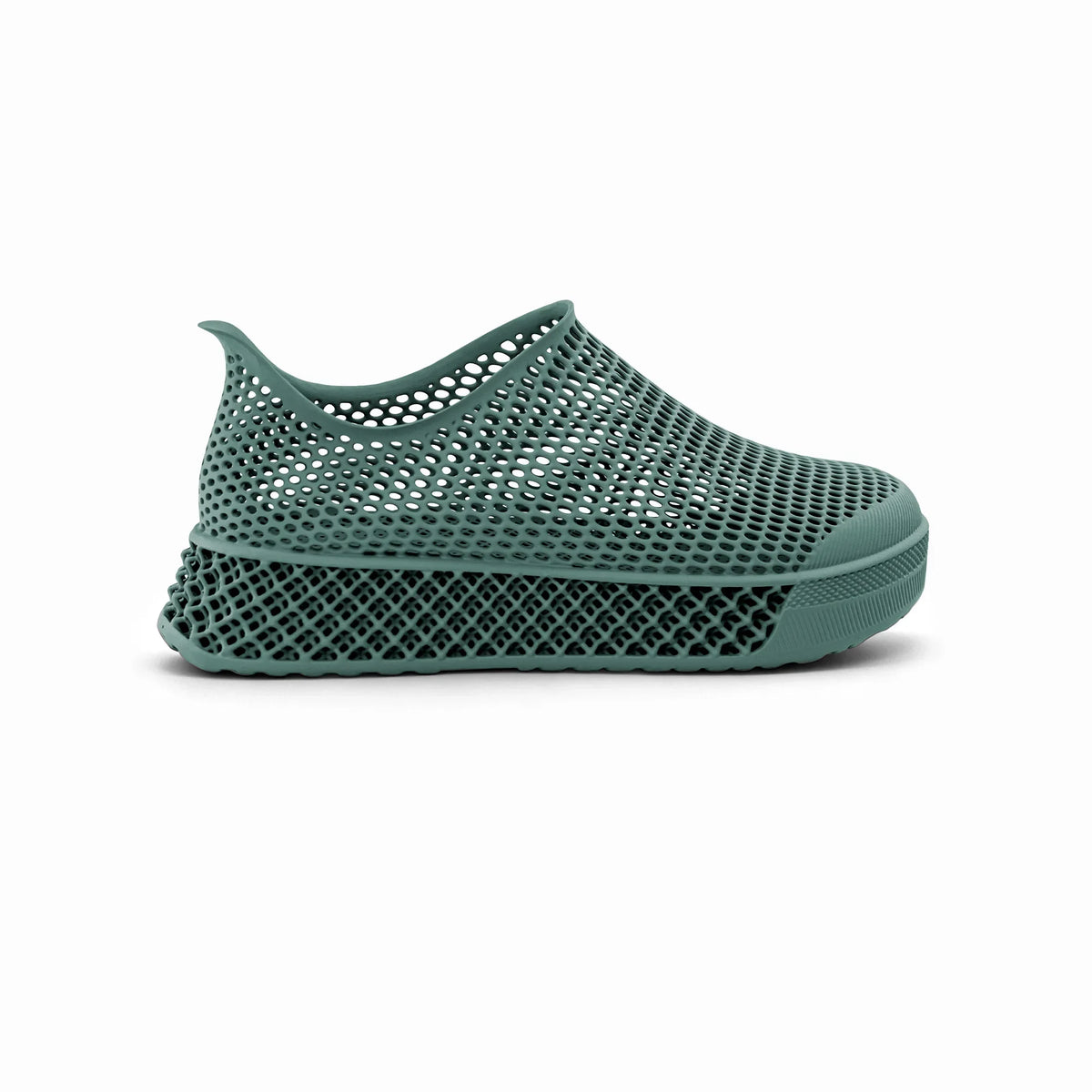Green 3D-printed slip-on sneakers with perforated upper and low-profile rubber sole