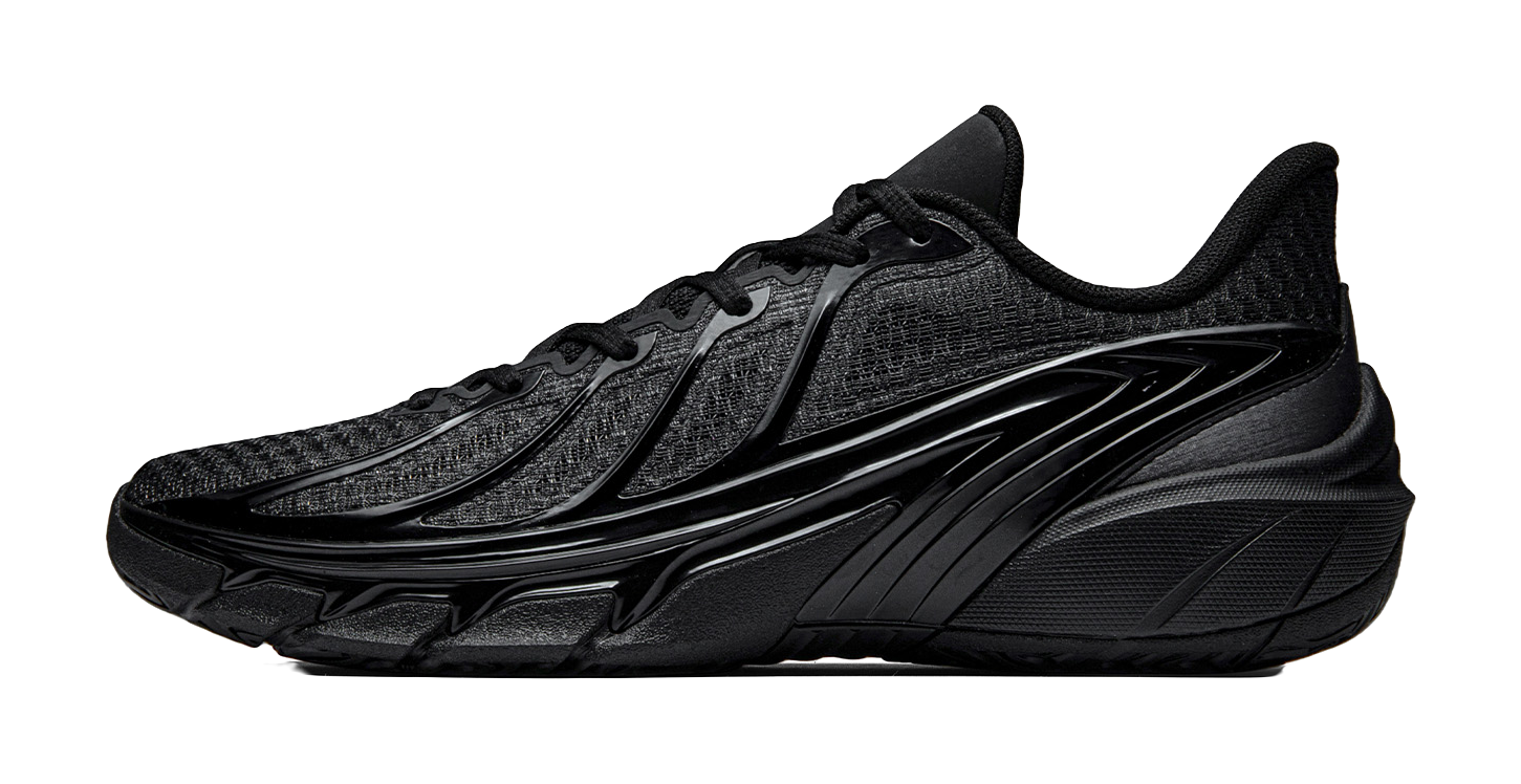 Black low-top basketball shoes with lace-up closure and sculpted TPU sole