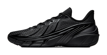 Black low-top basketball shoes with lace-up closure and sculpted TPU sole