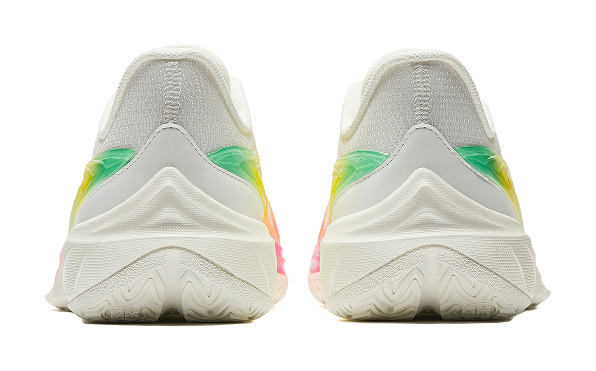 Men's low-top basketball shoes, white knit tongue and heel with green/yellow and pink rear accents.