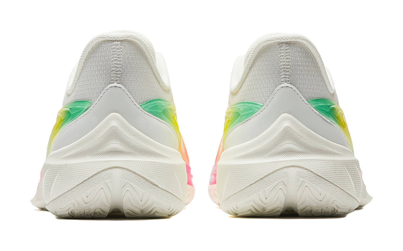 Men's low-top basketball shoes, white knit tongue and heel with green/yellow and pink rear accents.