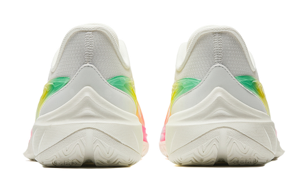 Men's low-top basketball shoes, white knit tongue and heel with green/yellow and pink rear accents.