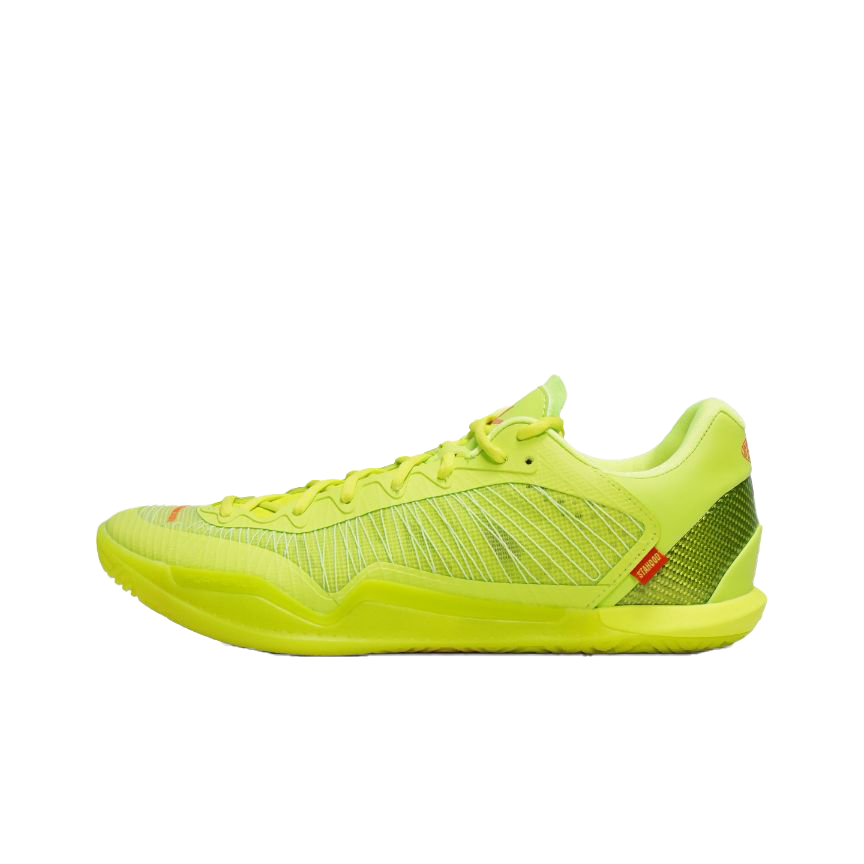 Lime green low-top basketball shoe with striped knit texture and red heel detail.