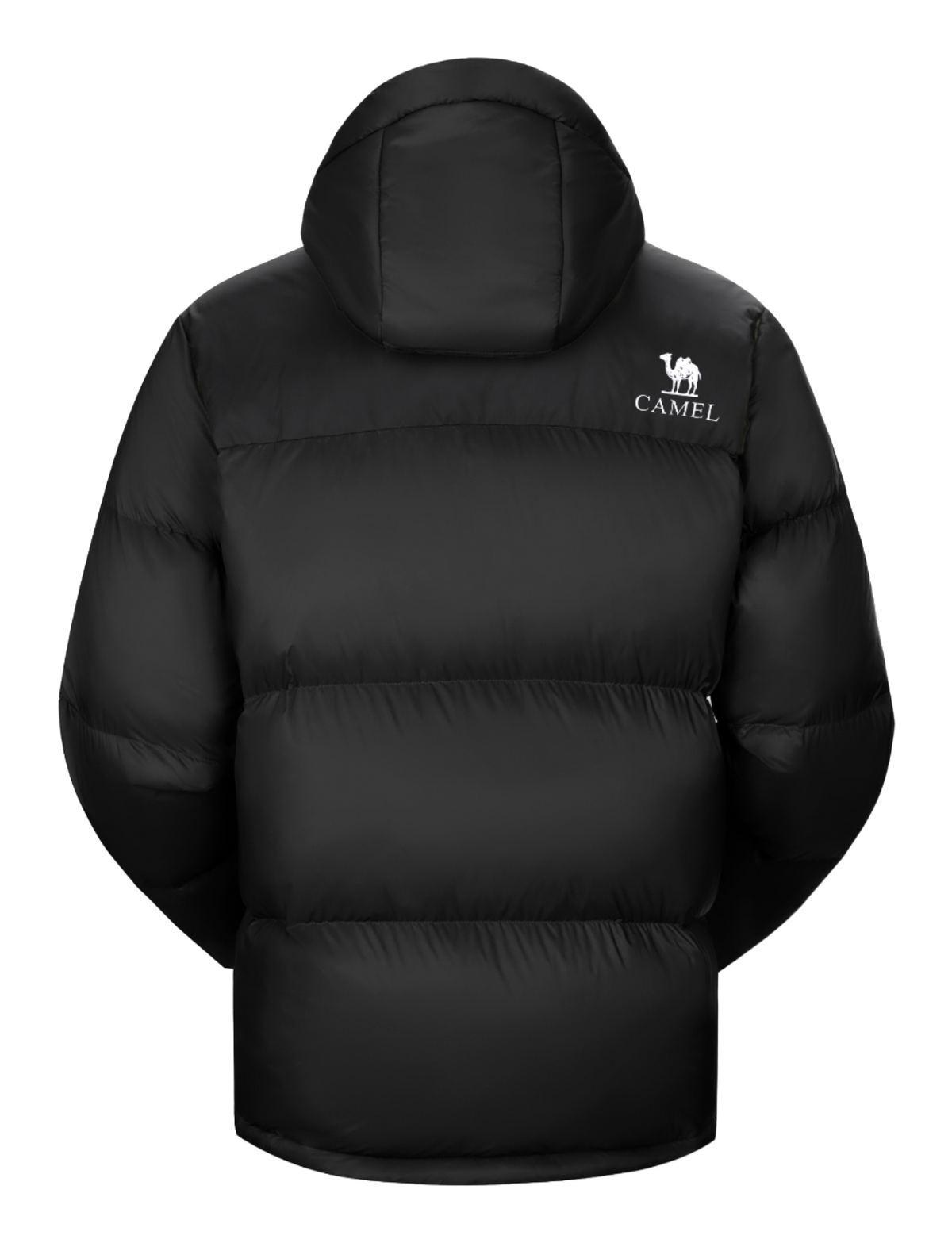 Unisex black down jacket with hood, quilted puffer design and logo on back