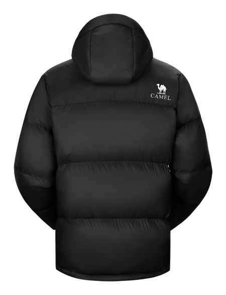 Unisex black down jacket with hood, quilted puffer design and logo on back