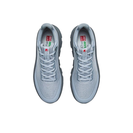 Light blue lace-up running shoes with knit upper and cushioned midsole
