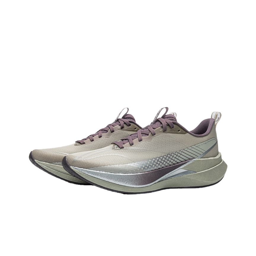 Unisex running shoe in light gray with purple laces, curved midsole and rocker.