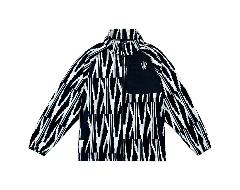 Zip-up sweatshirt jacket with all-over black and white pattern, stand collar, front zip.