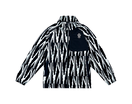 Zip-up sweatshirt jacket with all-over black and white pattern, stand collar, front zip.