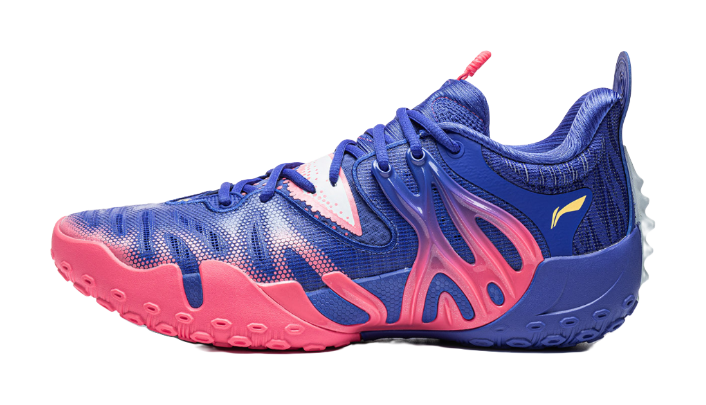 Unisex mid-top basketball shoe in blue with fluorescent pink accents