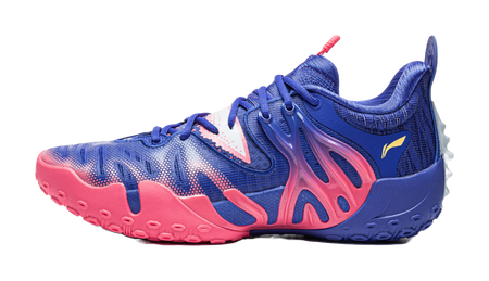 Unisex mid-top basketball shoe in blue with fluorescent pink accents