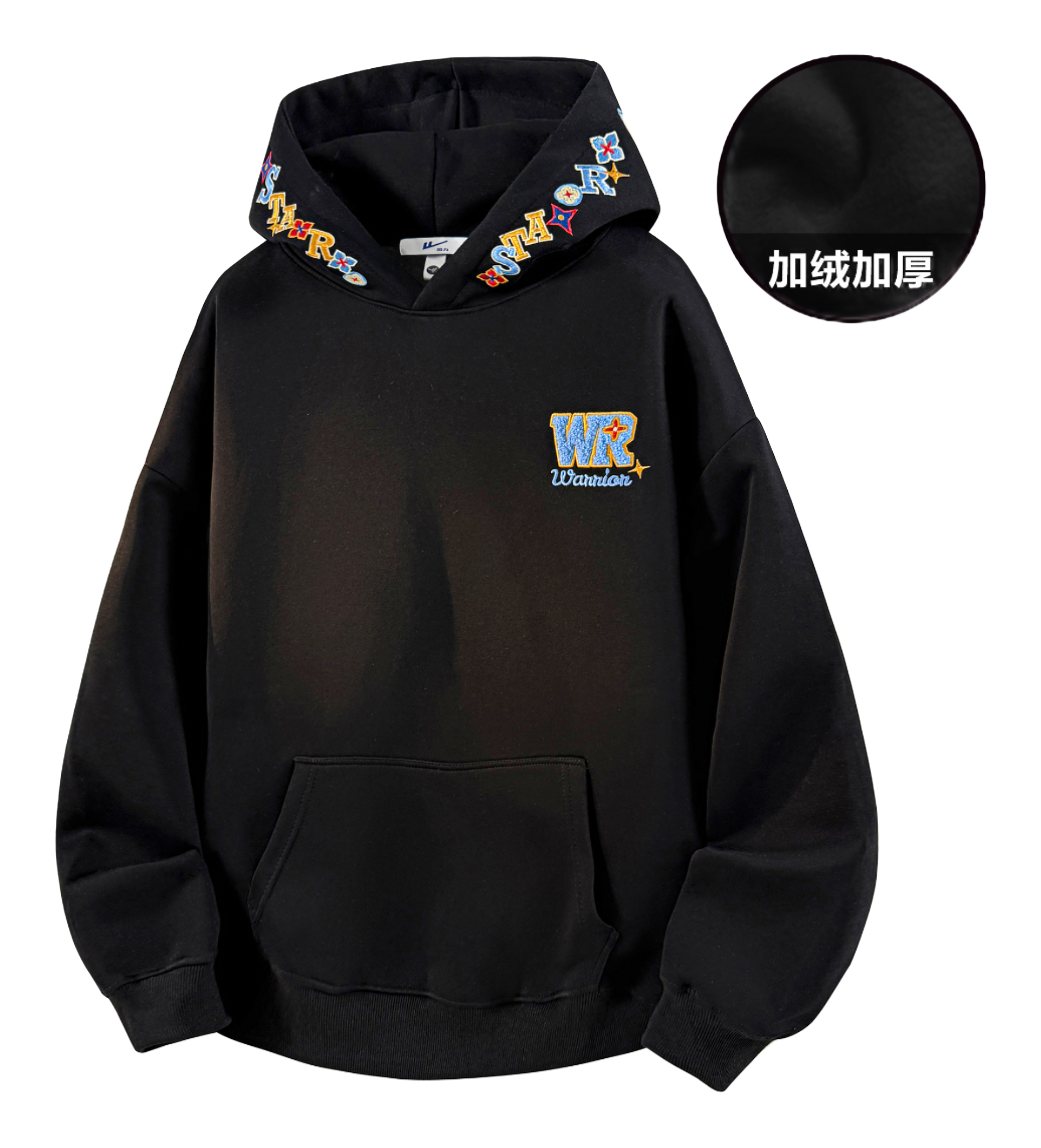 Warrior Warrior American Basic Retro Fun Embroidered Letter Logo Loose Casual Trend Versatile Windproof College Style Sports Couple Hooded Long Sleeve Thick Velvet Hoodie for Men and Women  vjsneaker.com