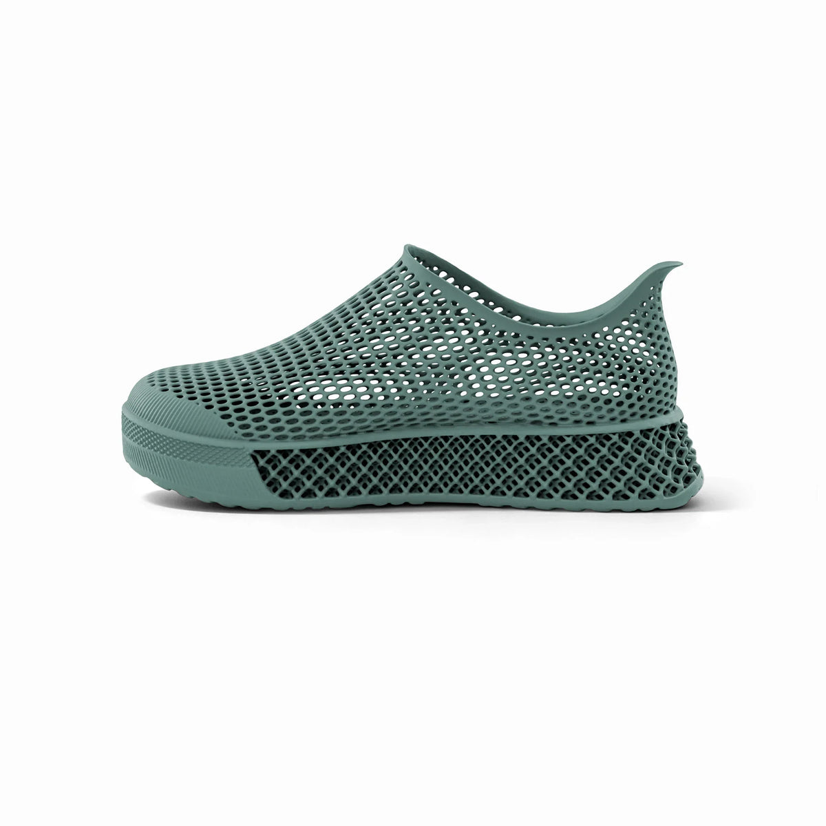 Green 3D-printed slip-on sneakers angled side view with perforated mesh upper