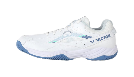 Unisex low-top badminton shoes with white and blue uppers, VICTOR logo.