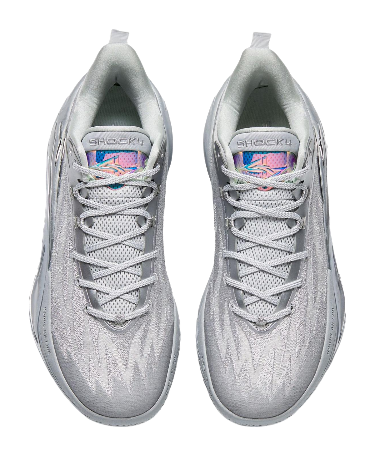 Metallic grey basketball shoes, front view with laces and padded collar