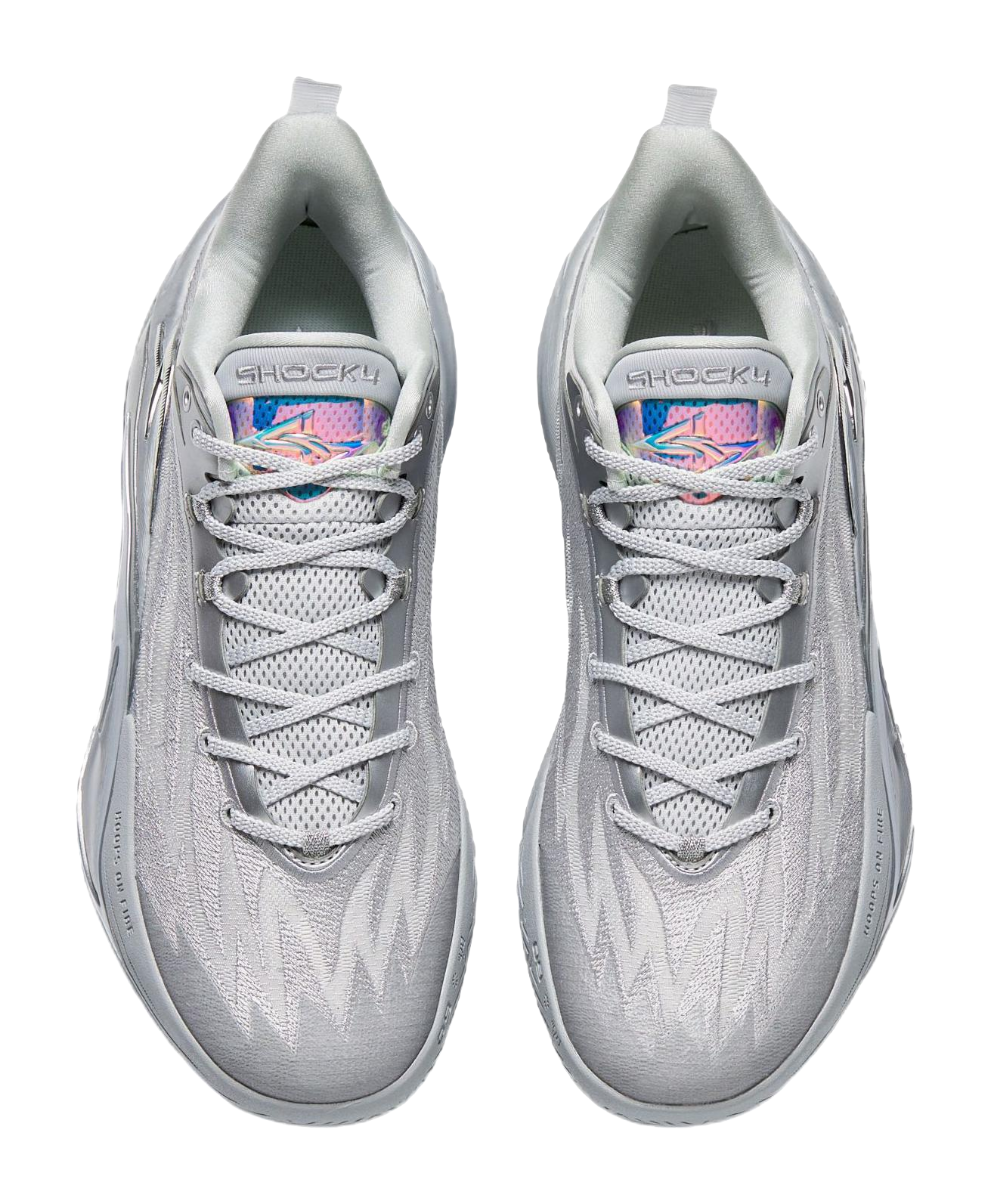 Metallic grey basketball shoes, front view with laces and padded collar