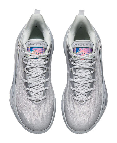 Metallic grey basketball shoes, front view with laces and padded collar