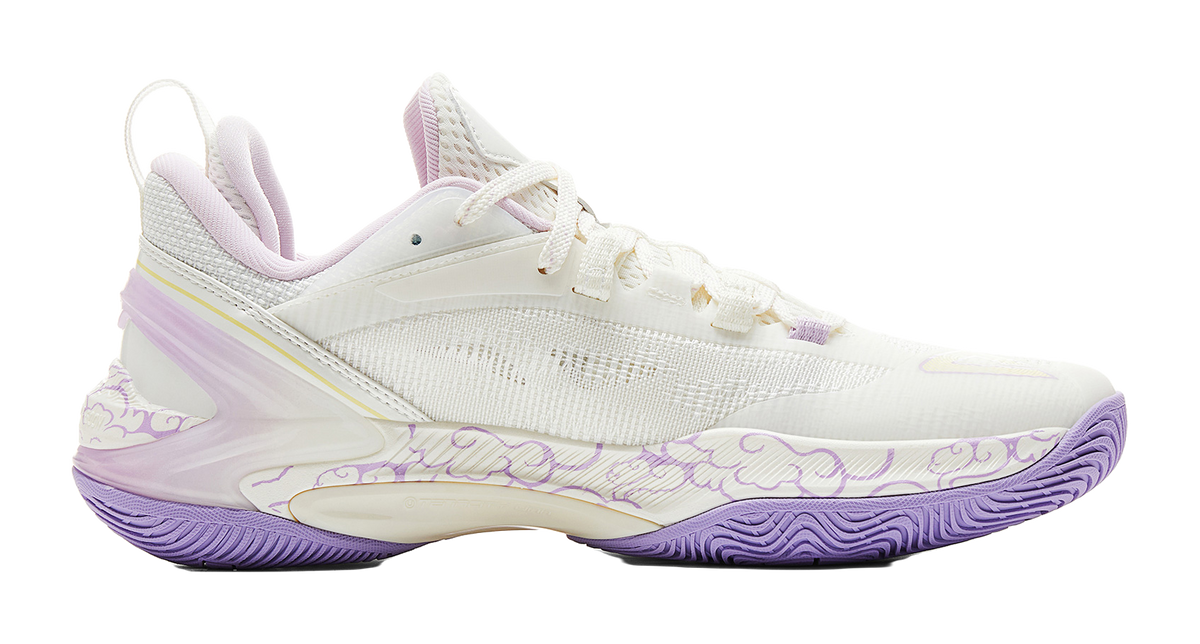 PEAK basketball shoe with mesh white upper, purple side stripe and cushioning sole