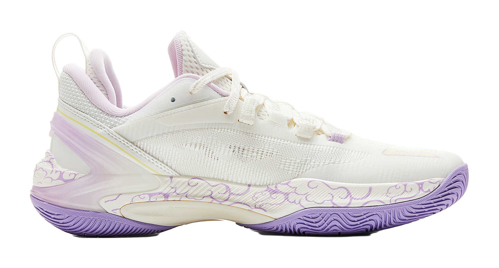 PEAK basketball shoe with mesh white upper, purple side stripe and cushioning sole