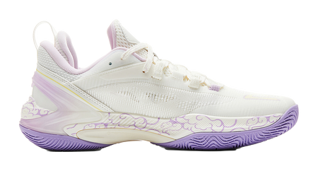 PEAK basketball shoe with mesh white upper, purple side stripe and cushioning sole