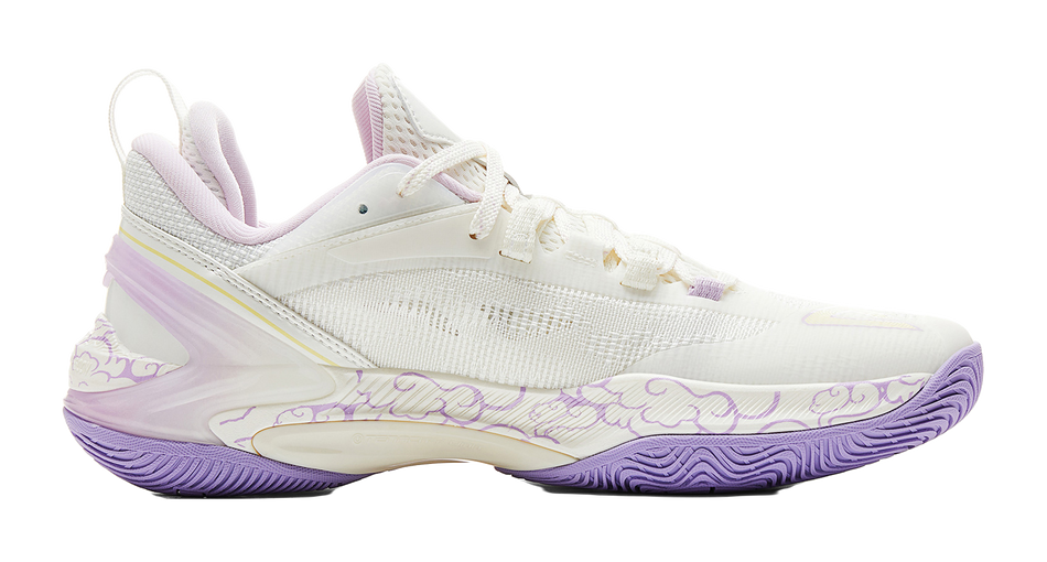 PEAK basketball shoe with mesh white upper, purple side stripe and cushioning sole