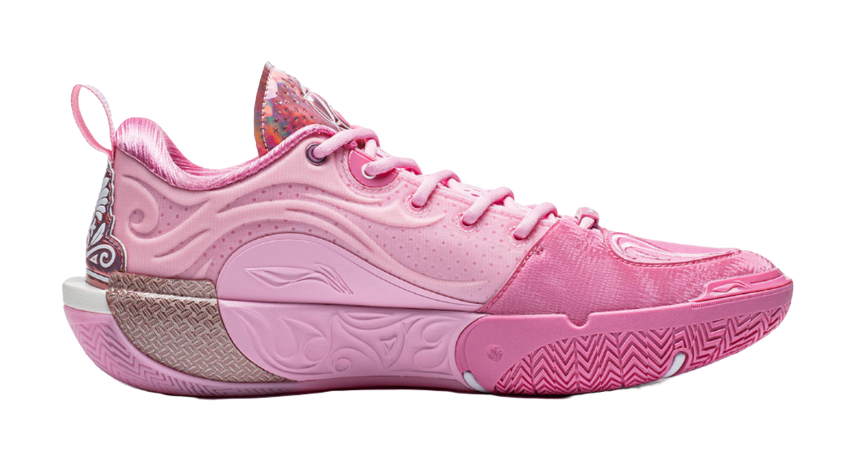Pink basketball sneaker, side view with woven heel detail and lace-up
