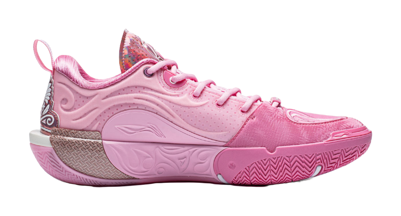 Pink basketball sneaker, side view with woven heel detail and lace-up