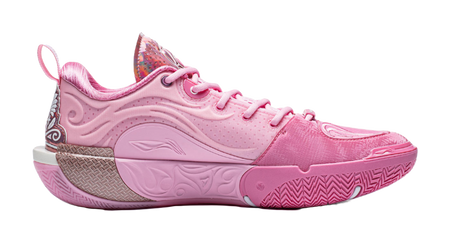 Pink basketball sneaker, side view with woven heel detail and lace-up