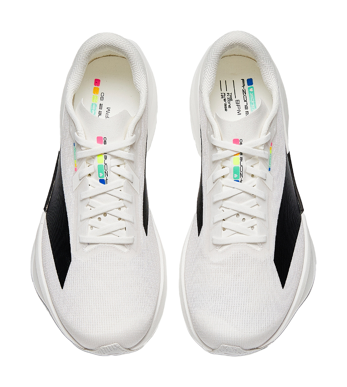 White lace-up running shoes with multicolor tongue text and black side stripe logos