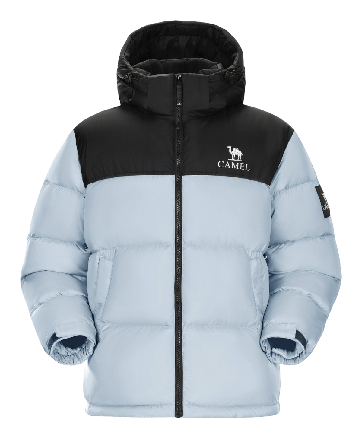 Quilted down jacket with hood, black upper and pale blue body, full front zipper