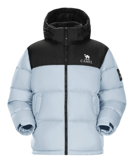 Quilted down jacket with hood, black upper and pale blue body, full front zipper
