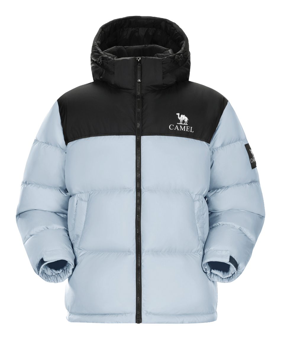 Quilted down jacket with hood, black upper and pale blue body, full front zipper