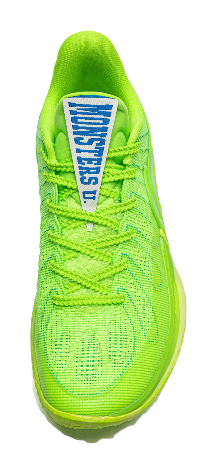 Green basketball shoe heel with blue-and-white tongue label patch