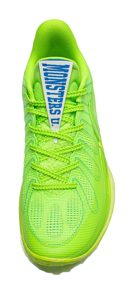 Green basketball shoe heel with blue-and-white tongue label patch