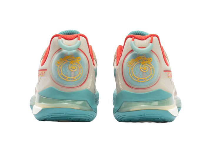 Back view of unisex basketball shoes with red heel tabs and teal midsole