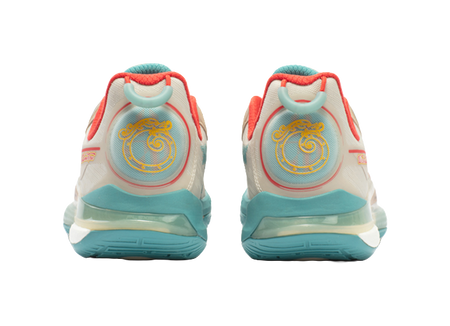 Back view of unisex basketball shoes with red heel tabs and teal midsole