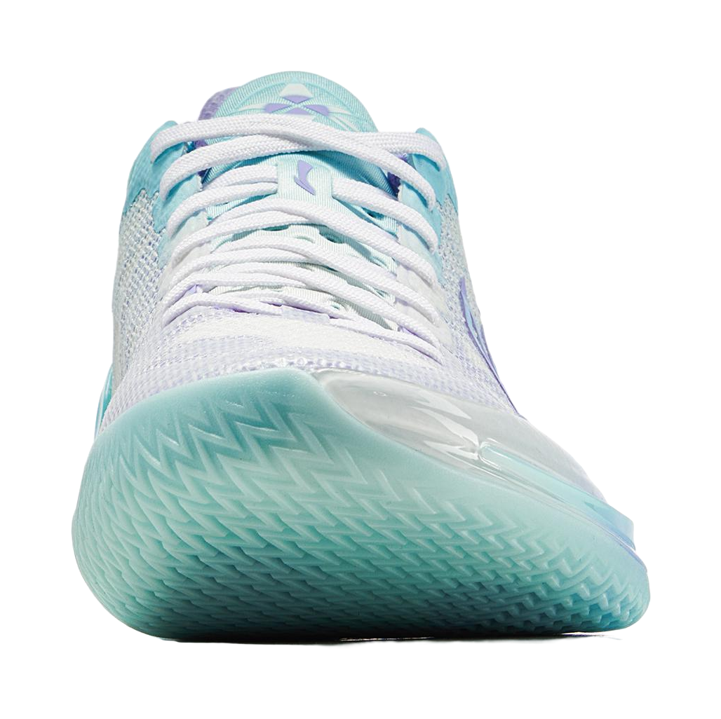 Low-top basketball shoe side view in light blue with teal textured sole and purple heel tab